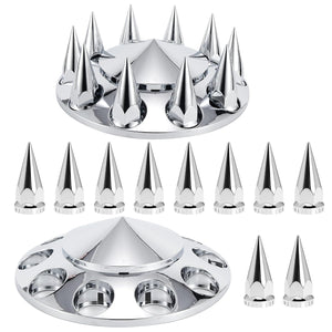 ABS Chrome Plastic Front Axle Cover Kits with 33mm Thread-on Flange Nut Covers for Semi Trucks in Pairs (Spiked, 2 Set)