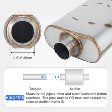 Laden Sie das Bild in den Galerie-Viewer, Universal Muffler 2.5" Inlet/Outlet 409 Stainless Steel Performance Muffler for Cars Trucks, Overall Length 17", Offset In | Center Out, Silver
