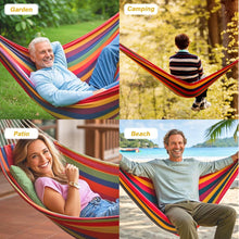 Laden Sie das Bild in den Galerie-Viewer, Double Hammock Comfortable with Stand for Hanging Sturdy 440lbs Capacity Hammock for Camping Outside Garden Outdoor Indoor Patio Backyard, Rainbow
