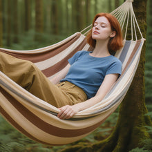 Laden Sie das Bild in den Galerie-Viewer, Double Hammock Comfortable for Hanging Sturdy 440lbs Capacity Hammock for Camping Outside Garden Outdoor Indoor Patio Backyard, Brown and White
