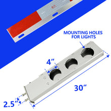 Cargar imagen en el visor de la galería, Stainless Steel Mud Flap Hanger Set 2-1/2&quot; Bolt Spacing 30&quot; Length Rear Bar with Light Cutouts for Semi Trucks, 2.5&quot; Bolt Spring Loaded with Aluminum Reflective Tapes (Circle Light Cutouts)
