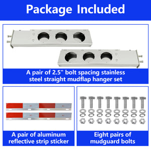 Stainless Steel Mud Flap Hanger Set 2-1/2" Bolt Spacing 30" Length Rear Bar with Light Cutouts for Semi Trucks, 2.5" Bolt Spring Loaded with Aluminum Reflective Tapes (Circle Light Cutouts)