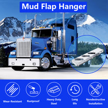 Laden Sie das Bild in den Galerie-Viewer, Stainless Steel Mud Flap Hanger Set 2-1/2&quot; Bolt Spacing 30&quot; Length Rear Bar with Light Cutouts for Semi Trucks, 2.5&quot; Bolt Spring Loaded with Aluminum Reflective Tapes (Oval Light Cutouts)
