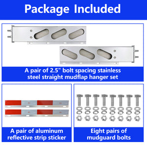 Stainless Steel Mud Flap Hanger Set 2-1/2" Bolt Spacing 30" Length Rear Bar with Light Cutouts for Semi Trucks, 2.5" Bolt Spring Loaded with Aluminum Reflective Tapes (Oval Light Cutouts)