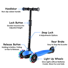 Load image into Gallery viewer, Hishine Kick Scooter for Kids with 3 Light up Wheels and Adjustable Height for 2-7 Years Old Ages Girls Boys Toddlers &amp; Children,Lean to Steer, 3-Wheeled Scooters
