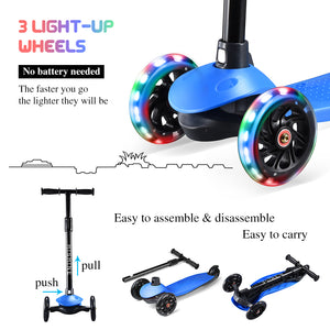 Hishine Kick Scooter for Kids with 3 Light up Wheels and Adjustable Height for 2-7 Years Old Ages Girls Boys Toddlers & Children,Lean to Steer, 3-Wheeled Scooters